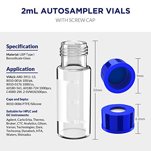 2mL Autosampler Vials, 9-425 HPLC/GC Clear Vials with Screw Cap, 100 Pcs - color: Clear Vial & Pre-slit Blue PTFE Septa