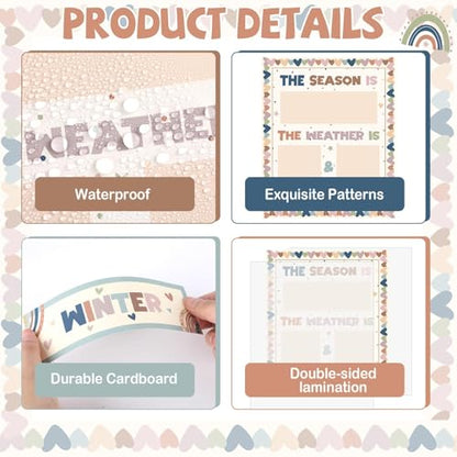 Boho Season and Weather Calendar Bulletin Board Season Calendar Posters with Weather Cards Hook and Loop Dots for Classroom Bulletin Board Wall Decor Preschool Kindergarten Student Teacher Supplies - style: Boho