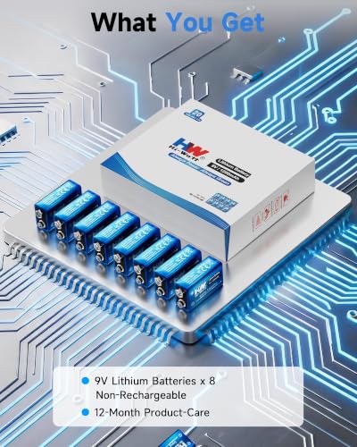 HW 9V Batteries 1200mAh 8 Pack, Lithium for Smoke Detectors -40°F to 140°F