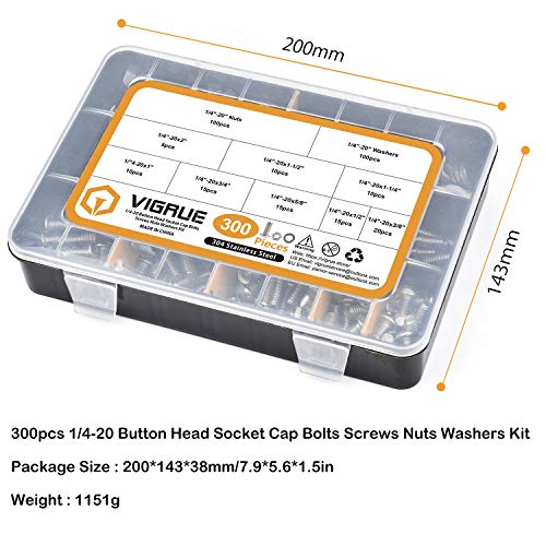 VIGRUE 300pcs 1/4-20 Hex Button Head Cap Screw, 304 Stainless Steel UNC Hexagon Bolts Flat Washers Nuts Assortment Kit Machine Screws Set, 8 Sizes (Length from 3/8" to 2") - size: 300pcs 1/4-20 Button Head