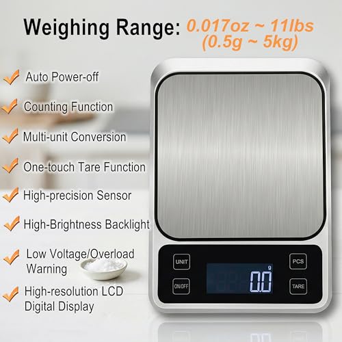 Kitchen Digital Scale, 0.1 g/0.001 oz High Precision Electronic Scale, Max 5 kg/11 lbs, Multiple Unit Conversion, Auto Power-Off/Tare/Counting Function, Stainless Steel Weighing Platform (Silver)
