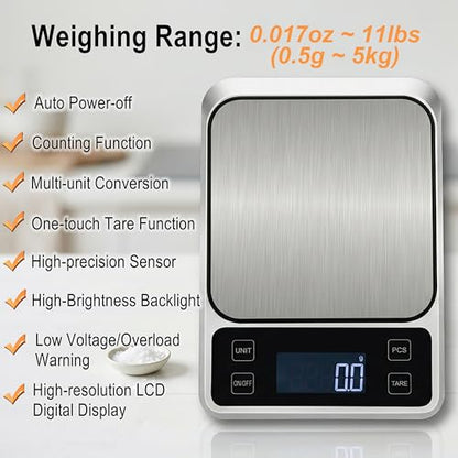 Kitchen Digital Scale, 0.1 g/0.001 oz High Precision Electronic Scale, Max 5 kg/11 lbs, Multiple Unit Conversion, Auto Power-Off/Tare/Counting Function, Stainless Steel Weighing Platform (Silver)