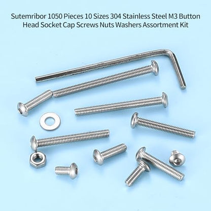 1050 Pcs M3 Screws Kit, M3 Machine Screws and Nuts and Washers Set, Assorted Button Head Socket Cap Screws Nuts and Bolts Assortment Kit, Stainless Steel Metric Screw Assortment, Fully Threaded - size: M3