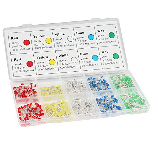 DiCUNO 500Pcs (5 Colors x 100pcs) 3MM Light Emitting Diode, for DIY Project - color: R/Y/B/G/W, 500 Pack