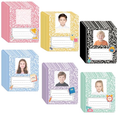 60Pcs Composition Book Name Tags for Desk with Photo Space, Pastel Back to School Kids Photo Nameplates Self Adhesive Kindergarten Label Stickers Composition Classroom Decor for Cubbies Bin Boys Girls