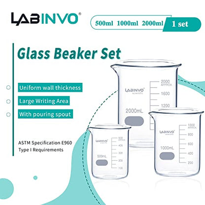 Low Form Graduated Glass Beaker Set, Each 1 PC of Vol.500ml,1000ml,2000ml,3.3 Borosilicate Glass Beakers, IN-BKLS01 - size: Each 1PC of 500mL 1L 2L