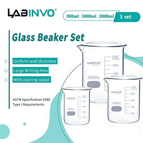 Low Form Graduated Glass Beaker Set, Each 1 PC of Vol.500ml,1000ml,2000ml,3.3 Borosilicate Glass Beakers, IN-BKLS01 - size: Each 1PC of 500mL 1L 2L