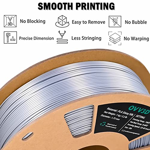 OVV3D Silk Silver Filament PLA 1.75mm, Upgrade Silver Grey PLA 3D Printer Filament, Silk Silver Metal 3D Printing Filament, 3D Filament 1.75 +/- 0.02mm, Silk 1.75 PLA Filament for 3D Printer - color: Silk Metal Silver