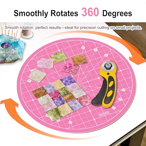 Headley Tools 10"x10" Round Rotating Cutting Mat, Self Healing Mat with 360-Degree Rotation & Anti-Slip Base, Sewing Board Cutting Mat Perfect for Fabric Quilting Leather Hobby Project, Pink - color: Pink, size: 10"L x 10"W