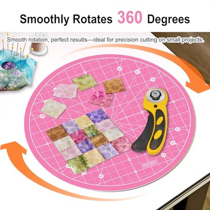 Headley Tools 10"x10" Round Rotating Cutting Mat, Self Healing Mat with 360-Degree Rotation & Anti-Slip Base, Sewing Board Cutting Mat Perfect for Fabric Quilting Leather Hobby Project, Pink - color: Pink, size: 10"L x 10"W