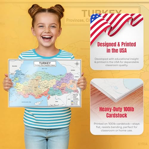 Turkey Map Poster 11x17 | Laminated Double-Sided Geography Chart with Color Map Front & Blank Outline Back | Reusable Classroom & Homeschool Learning Tool - color: Turkey