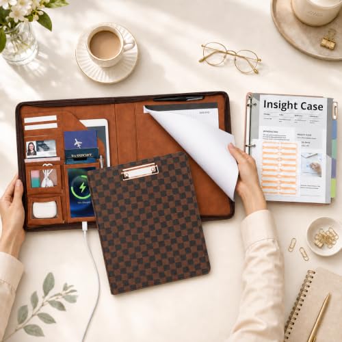 Clipboard with Storage for Men Women, Leather Padfolio Portfolio with Zipper, 1 Inch 3 Ring Binder 5 Dividers, Notepad for Letter Size, Elastic Closure and Pen Loop, Card Slot，Brown - color: Brown Grid