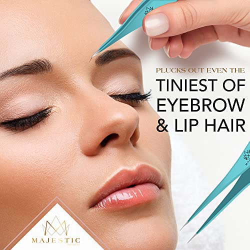 Majestic Bombay Fine Point Tweezers, Eyebrows, Facial Hair, Women and Men - color: Teal Blue