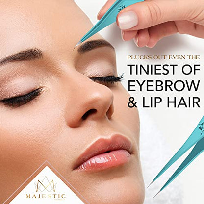 Majestic Bombay Fine Point Tweezers, Eyebrows, Facial Hair, Women and Men - color: Teal Blue
