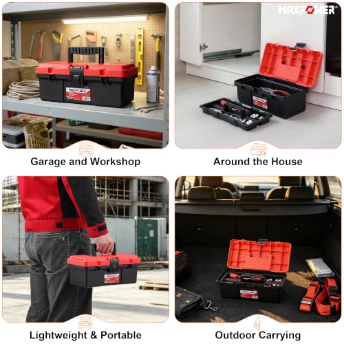 MAXPOWER 12-inch Small Plastic Tool Box, Lockable, Removable Tray - color: Red, size: 12"