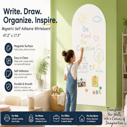 Magnetic Wall Sticker Dry Erase Whiteboard Contact Paper Arch 47.2" x 17.5" Self Adhesive Magnet White Board Wallpaper Peel and Stick Wall Decal for Home Playroom Classroom - color: Whiteboard