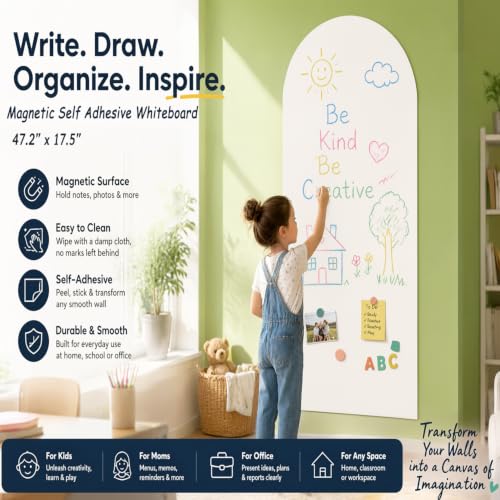 Magnetic Wall Sticker Dry Erase Whiteboard Contact Paper Arch 47.2" x 17.5" Self Adhesive Magnet White Board Wallpaper Peel and Stick Wall Decal for Home Playroom Classroom - color: Whiteboard