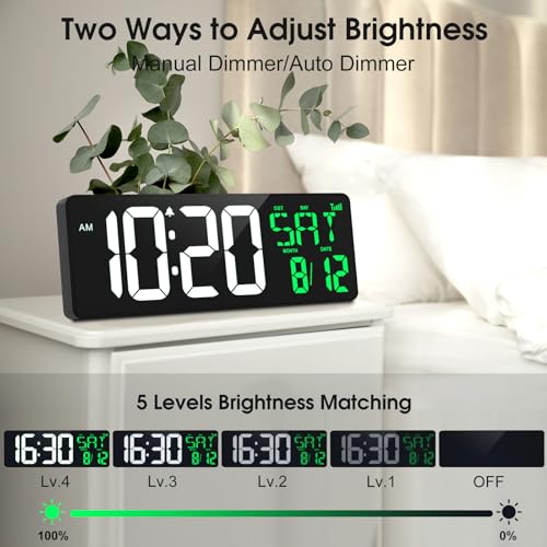 17" Large Digital Wall Clock, Bluetooth Sync, Auto Dimmer, Remote - color: White+green