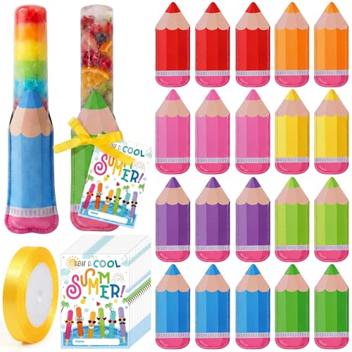 24 Sets End of Year Gifts for Students Bulk Summer Ice Pop Sleeves Reusable Colorful Pencil Freezer Ice Pop Holders Bags Cool Summer Cards Ribbons School Graduation Birthday Party Favors - style: Pencil