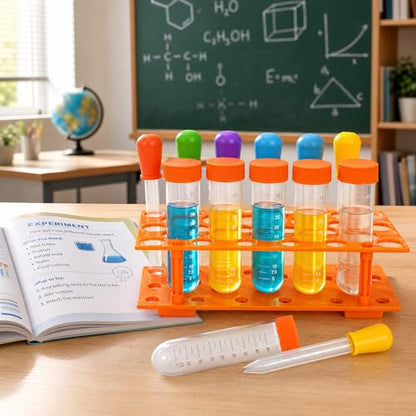 ZENFUN 12 Pieces Jumbo Test Tubes with Stand, Plastic Test Tubes for Primary Science, 5 Pieces Jumbo Test Tubes, 6 Pieces Liquid Droppers Silicone and 1 Piece Storage Stand, Multi-Color