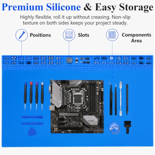 Extra Large Soldering Mat 932°F Heat Resistant Silicone Solder Mat 27.6''x15.7'' Non-Slip Large Repair Workbench Pad for Electronics Phone Watch Computer Laptop Repair BGA Soldering Iron (Blue) - color: Blue