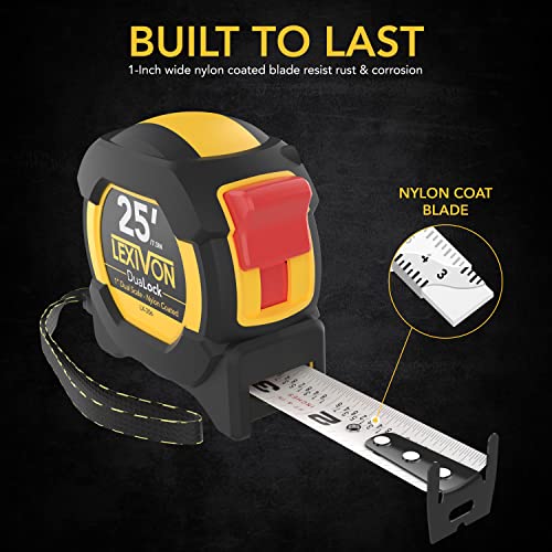 LEXIVON [2-Pack] 25Ft/7.5m DuaLock Tape Measure | 1-Inch Wide Blade with Nylon Coating, Matt Finish White & Yellow Dual Sided Rule Print | Ft/Inch/Fractions/Metric (LX-202) - size: 25 ft 2-Pack