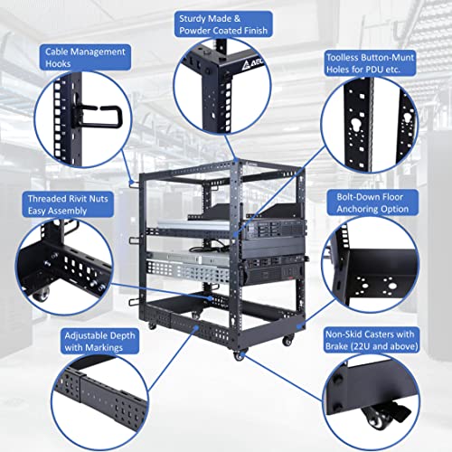 AEONS 18U 4-Post Open Frame Server Rack with Casters, Adjustable Depth - color: B-4POST, size: 18U