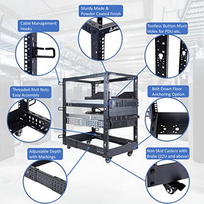 AEONS 18U 4-Post Open Frame Server Rack with Casters, Adjustable Depth - color: B-4POST, size: 18U