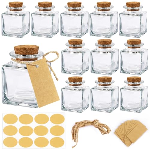 OurWarm 12 Pack Square Small Glass Bottles with Lids, 1.7OZ Mini Glass Jars with Cork Tag Label and Twine, Versatile Small Bottles for Candy Potion Spice DIY Crafts Gift Birthday Wedding Party Favors - size: 12pcs - 1.7oz