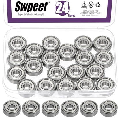 Swpeet 24Pcs 627ZZ Ball Bearings Assortment Kit, 7 x 22 x 7mm Bearing Steel Deep Groove Bearings, Miniature Bearings, Double Shielded - size: 627ZZ-24PCS, style: Bearing Steel