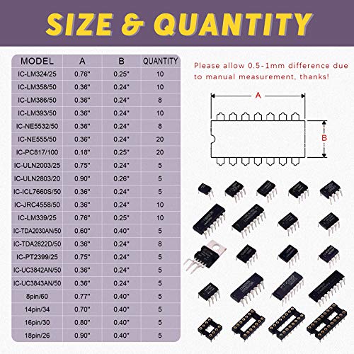 Swpeet 169Pcs 21 Types Integrated Circuit Chip Assortment Kit, Including Opamp, Oscillator, Pwm, LM324, LM358, LM386, LM393, NE5532, NE555, PC817, ULN2003, ULN2803, ICL7660S, JRC4558, LM339, TDA2030AN