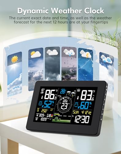 WiFi Weather Station Wireless Indoor Outdoor, Thermometer with Rain Gauge and Wind Speed/Direction, Large Display for Weather Forecast, Temperature, Humidity, Clock, Alarm, UV, Air Pressure, Black