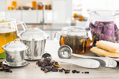 Tea Infuser Set of 2 with Tea Scoop & Drip Trays, Loose Leaf Tea Strainer - color: Silver, size: Medium