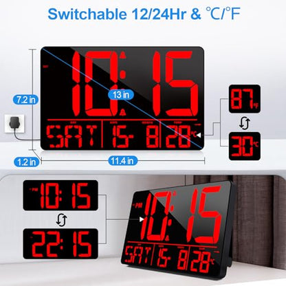 13" Bluetooth Auto Sync Wall Clock - Large Digital Alarm Clock with Remote - style: Red Numbers