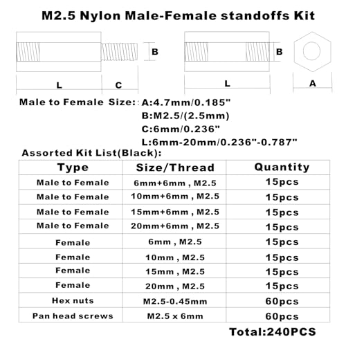M2.5 Black Nylon Male-Female Hex Standoffs Screws Nuts Assortment Kit - size: 240PCS/M2.5(Black)