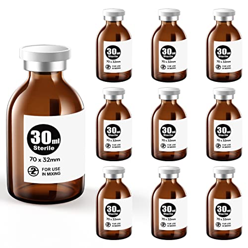 Ks-Tek Sterile Empty Vials with Self Healing Injection Port,with Aluminum Plastic Cap,Sterile Package (30ml Amber,10) - size: 30ml Amber