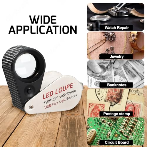 10X Rechargeable Jewelers Loupe, Jewelry Loupe with UV & LED Light, Foldable Hasting Triplet Magnifier, Illuminated Eye Loop Jewelry Magnifying Glass for Gemstone, Coins and Stamps(4 Lights Mode) - color: Silver