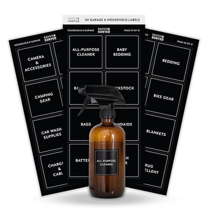Organizing Labels for Storage Bins, 181 Preprinted Household & Garage Sticker Labels for Containers, Office and Home Organization Essentials - style: Modern Black Household & Garage Labels