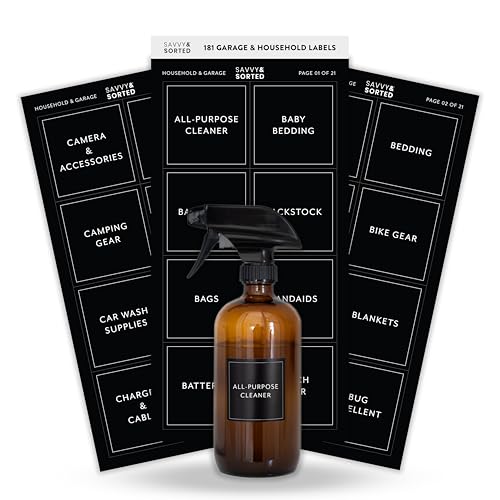 Organizing Labels for Storage Bins, 181 Preprinted Household & Garage Sticker Labels for Containers, Office and Home Organization Essentials - style: Modern Black Household & Garage Labels