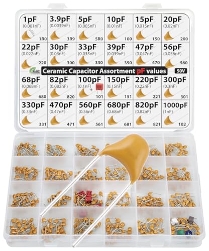 pF Values - Box Capacitor Kit Assortment 485 pcs 24 Values, All pF: 1pF, 3.9pF, 5pF, 10pF, 15pF, 20pF, 22pF, 30pF, 33pF,39pF, 47pF, 56pF, 100pF, 150pF, 220pF, 330pF, 470pF 560pF 680pF 820pF 1000pF