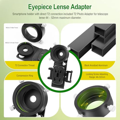 Astromania Smartphone Adapter with T2 Thread and Eyepiece Adapter 44-52mm - size: IPhone and Eyepiece Adapter 44 - 52mm