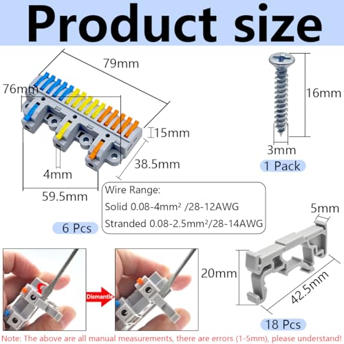 CESFONJER 3-in-15-out Terminal Block Kit (6 Sets), High-Capacity Lever Wire Connectors, Triple Input to Fifteen Output, DIN Rail & Screw Fix, applies to 28-12AWG cable - color: set3