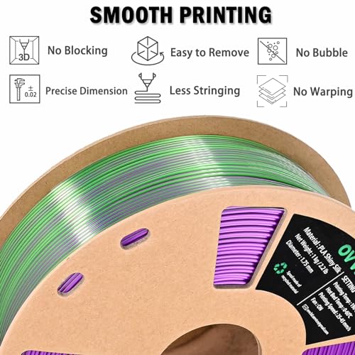 OVV3D PLA Filament 1.75mm, 3D Printer Filament Silk PLA Dual Color PLA Filament, Purple Green PLA Filament, Color Change Every Inch Filament 3D Printer Filament +/-0.02mm, 1kg/2.2lb - color: Dual-color Green Purple