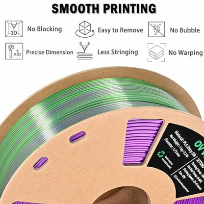 OVV3D PLA Filament 1.75mm, 3D Printer Filament Silk PLA Dual Color PLA Filament, Purple Green PLA Filament, Color Change Every Inch Filament 3D Printer Filament +/-0.02mm, 1kg/2.2lb - color: Dual-color Green Purple