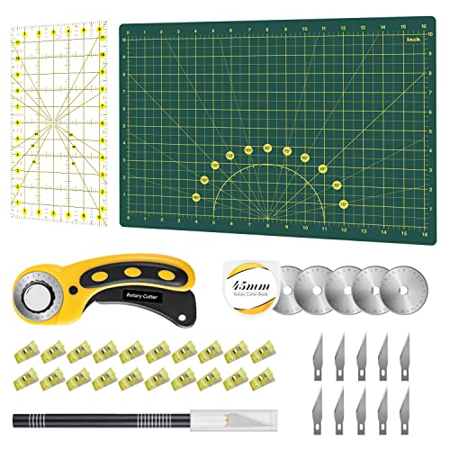 Headley Tools Rotary Cutter Set - 45mm Fabric Cutter, 5 Extra Rotary Blades, A3 Cutting Mat, Quilting Ruler and Sewing Clips, Craft Knife Set, Ideal for Crafting, Sewing, Scrapbooking, Patchworking - color: Green, size: A3 Rotary Cutter Set