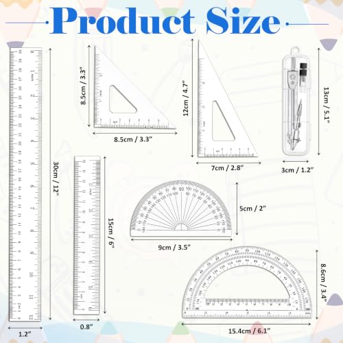 Coopay 7 Pcs Geometry Set, Clear Acrylic Ruler, Protractor and Compasses - size: 7 Pcs set