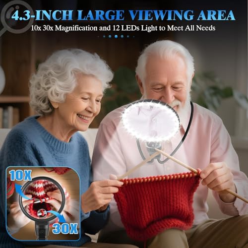 Large 30X 10X Hands Free Magnifying Glass with Light for Reading