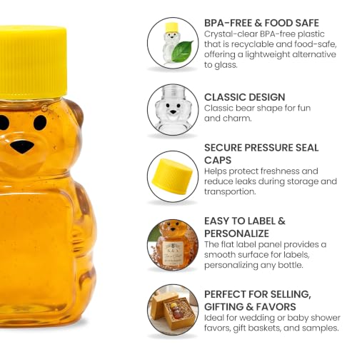 RetroPak Honey Bear Bottles with Caps, 24 Pack, 2 oz Bottles, Yellow
