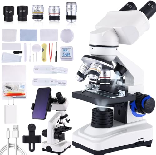 Binocular Microscope Magnification 40X-2500X, WF10x/25x Eyepieces, Dual LED Illumination, Suitable for Schools Home Labs Educational Adult Microscope - color: white
