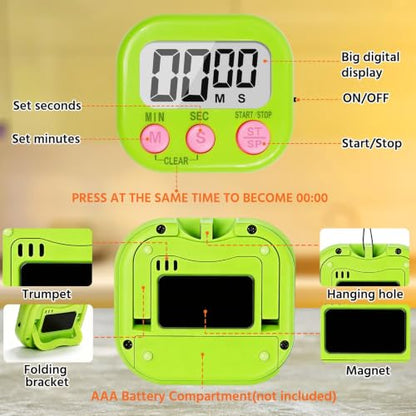 12 Pack Digital Kitchen Timers for Cooking, Loud Alarm Large LCD Display Magnetic Classroom Timers for Teachers Kids, Extensively Use in Classroom, Cooking, Meeting, Gym